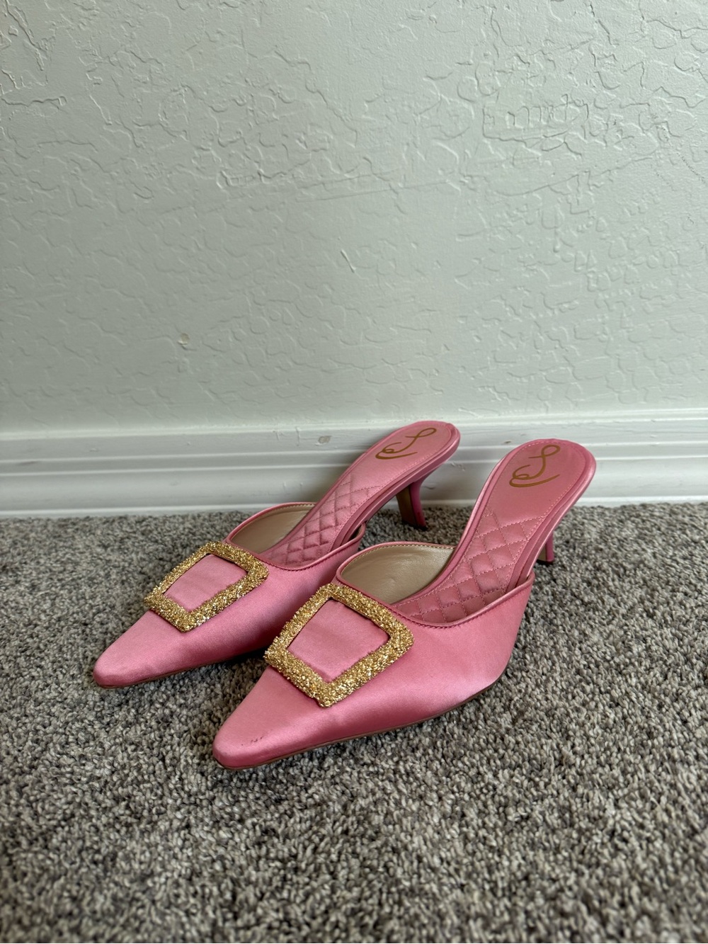 Sam Edelman Pink Satin Pointed Mules with Glitter Gold Buckle